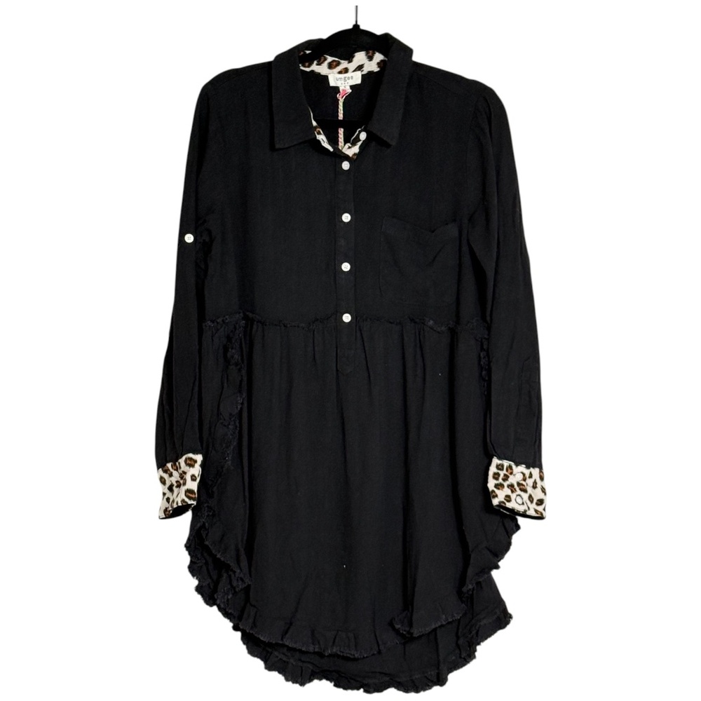 Umgee Black Boho Tunic Top | NWT | Leopard Trim | Hi Low | Sizes S M L - Picture 5 of 9